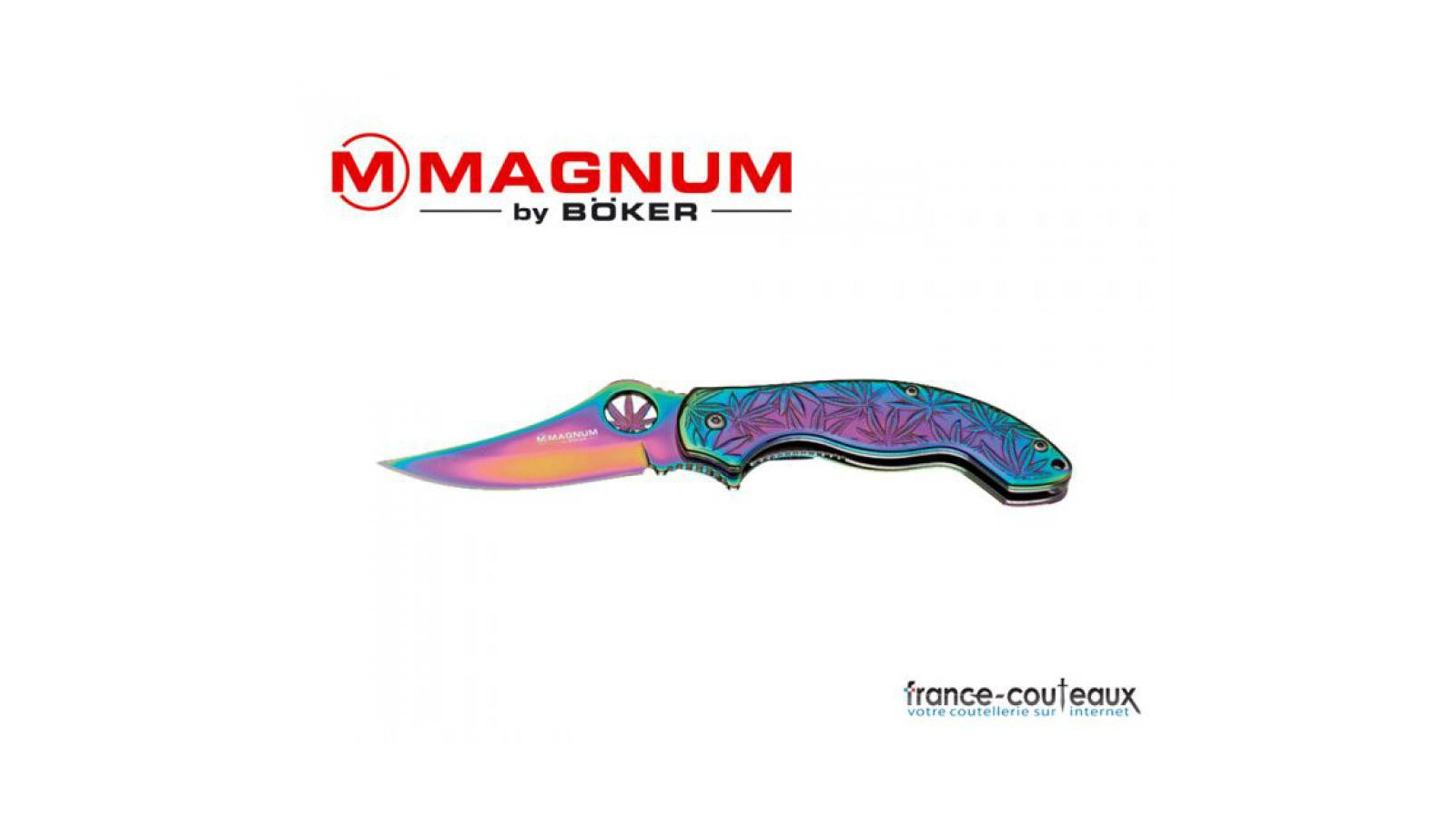 Couteau de poche décor Cannabis et coloris Rainbow.