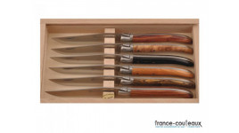 Coffret 6 couteaux de table Laguiole G. DAVID- Manches bois précieux assortis