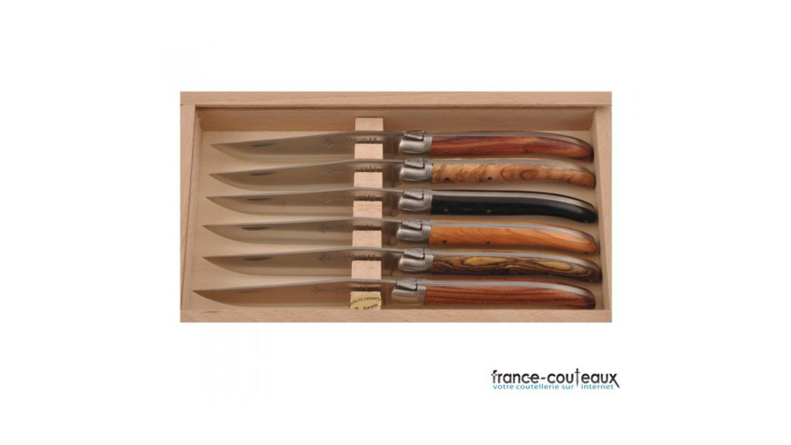 Coffret 6 couteaux de table Laguiole G. DAVID- Manches bois précieux assortis