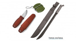 Pack bushcraft avec machette, couteau de survie et affûteur