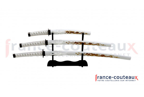 Ensemble de 3 katanas Dragon or et présentoir.