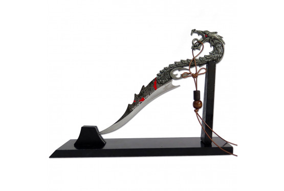 Petite dague dragon métal avec support bois.