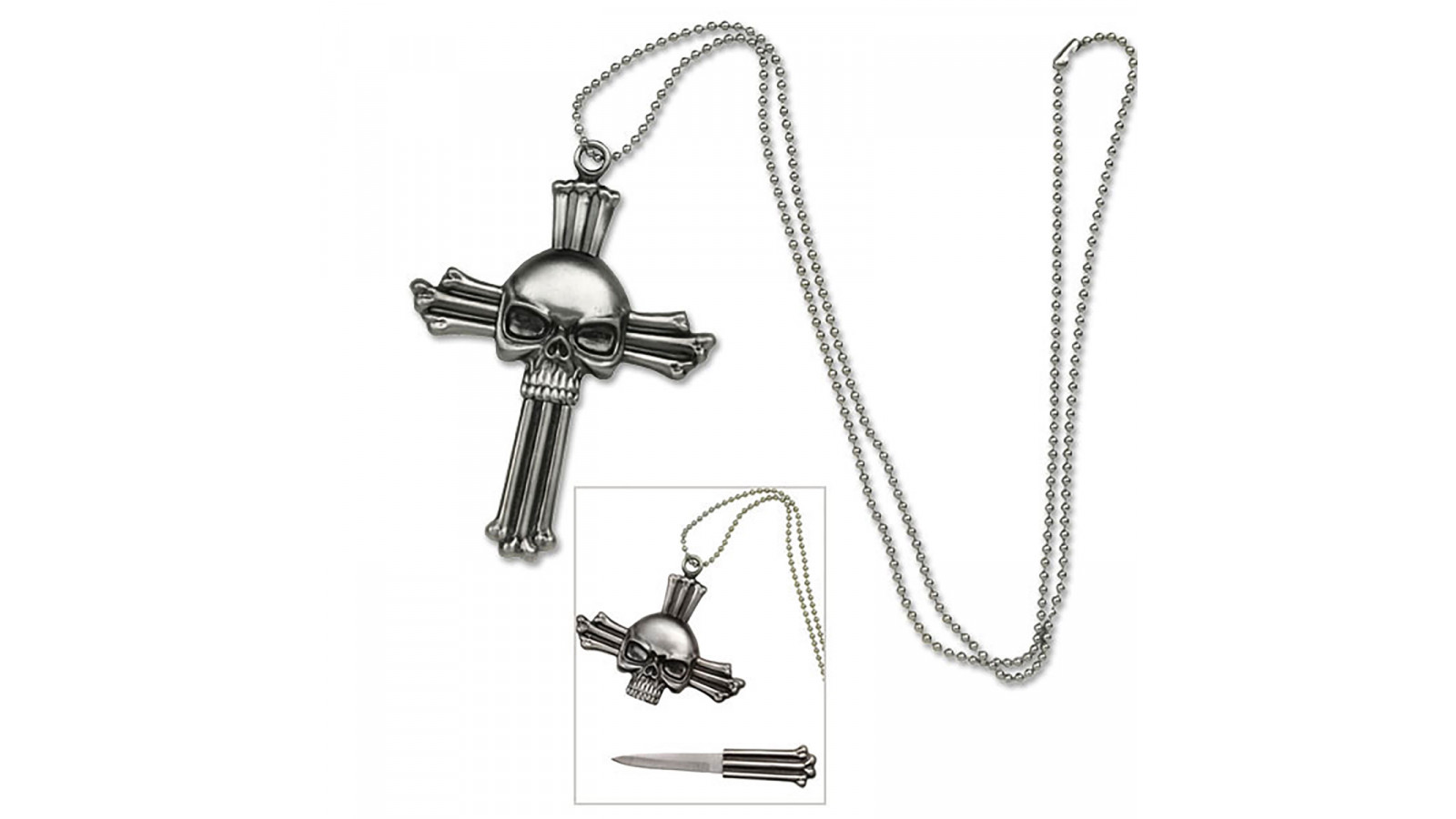 Collier avec pendentif en forme de croix et tête de mort avec lame cachée. Collier avec pendentif en forme de croix et tête de mort avec lame cachée.